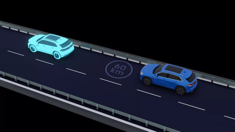 Render de camioneta de Volkswagen que muestra distancia entre un vehículo y otro. 