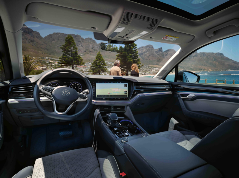 The interior and dashboard of a VW Touareg