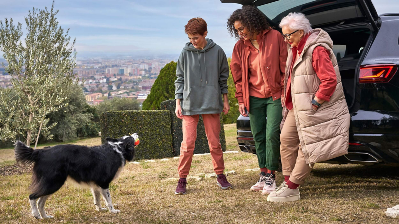 Three women stand beside a VW Touareg while looking at a nearby dog