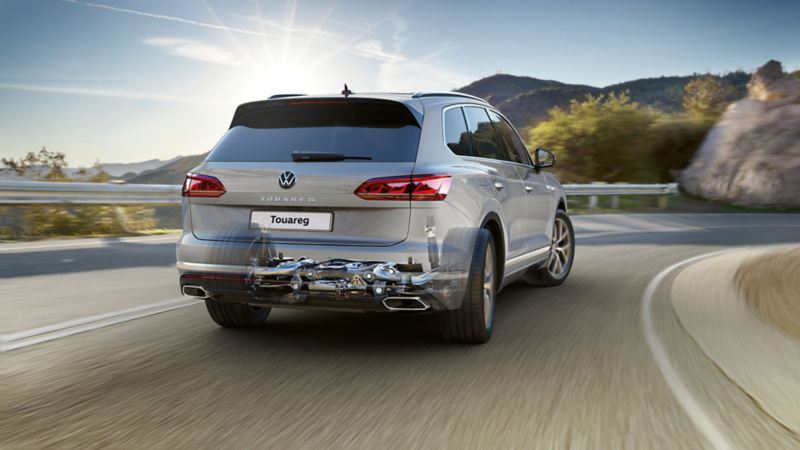 Rear view of VW Touareg while driving