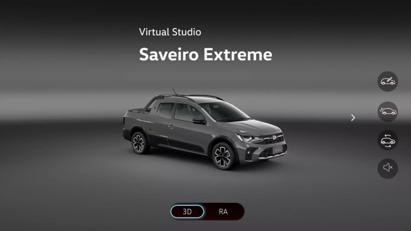 Tour virtual 3D de Saveiro Extreme 2026 en la aplicación de realidad aumentada de Volkswagen.