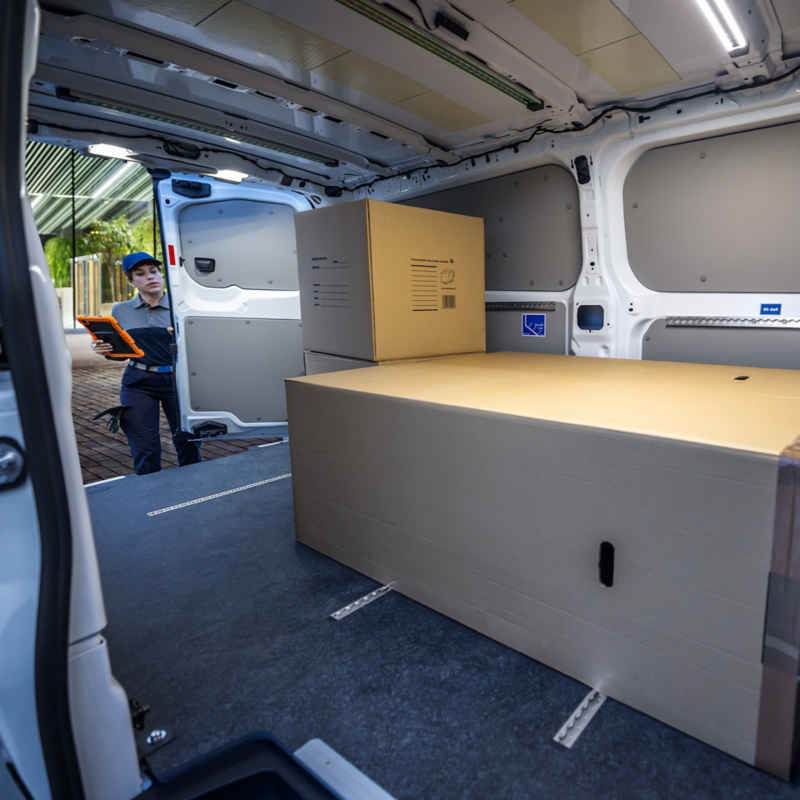Genomsikt från sidoskjutdörren till bakdörrarna i en VW Transporter Skåp.