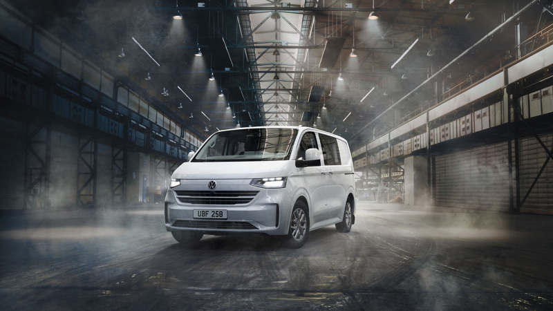 A white Transporter Kombi parked in a warehouse