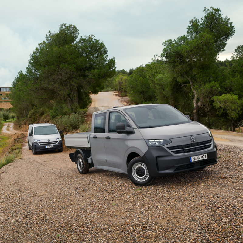 Un Volkswagen Transporter gris à plateau et double cabine est garé au premier plan sur un chemin de campagne. Un Volkswagen ID. Buzz Cargo blanc est visible en arrière-plan.