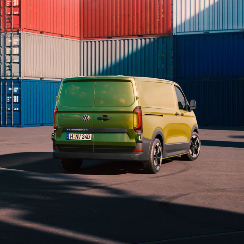 A rear view of the VW Transporter at a container terminal.