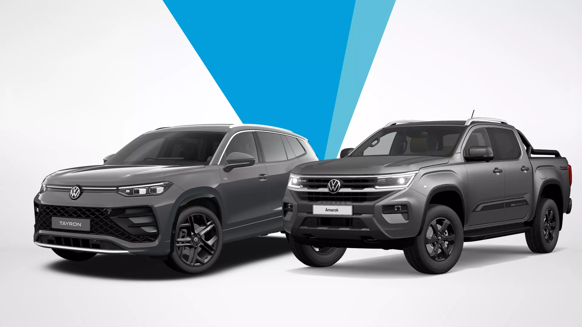 Two Volkswagen vehicles in a studio setting with a blue geometric background accent