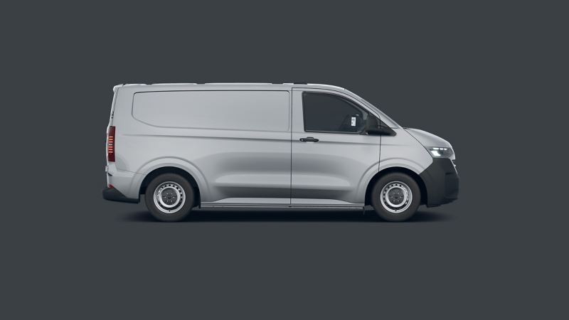 White VW Transporter side-on view parked against a plain grey background. 
