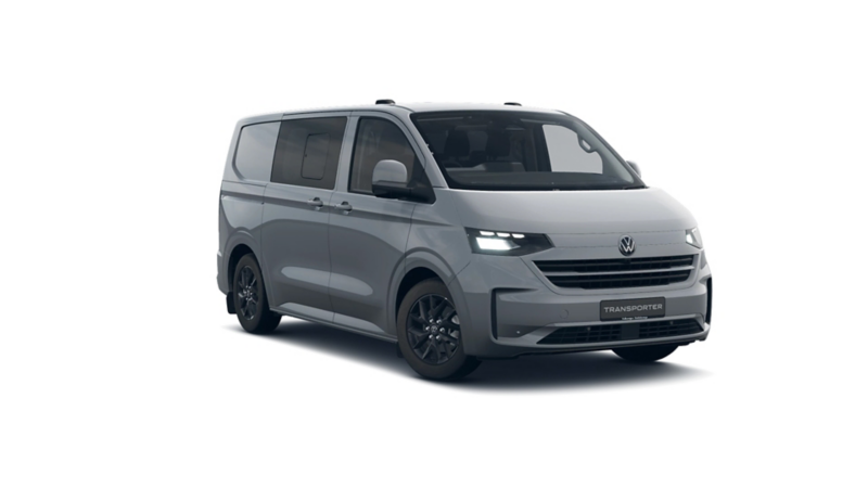 Studio image showing a grey Transporter kombi.