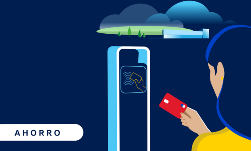Ahorro: ilustración en azul de una persona pagando en una estación de carga