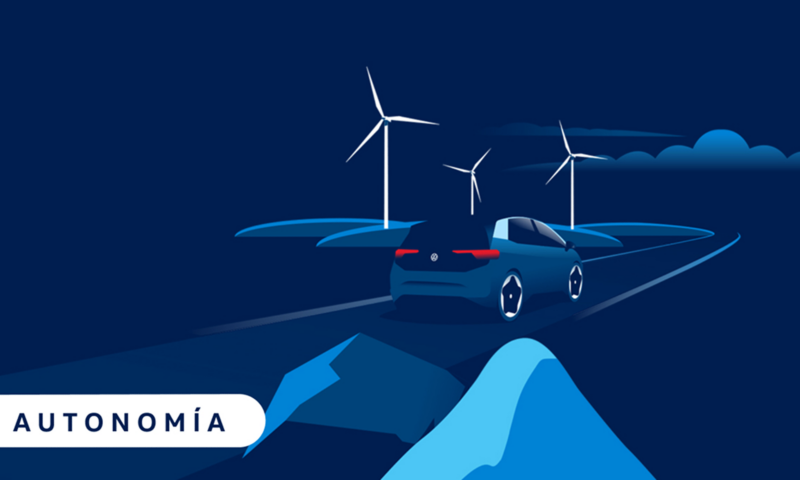 Autonomía: ilustración en azul de un coche eléctrico de Volkswagen y unos aerogeneradores