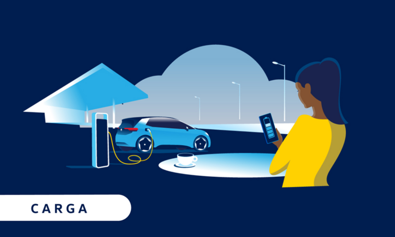 Carga: ilustración en azul de una persona junto a un Volkswagen eléctrico cargándose