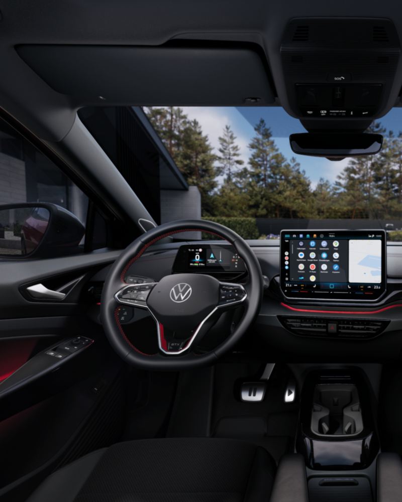 Vista del volante y el salpicadero del Volkswagen ID.5 GTX con iluminación ambiental