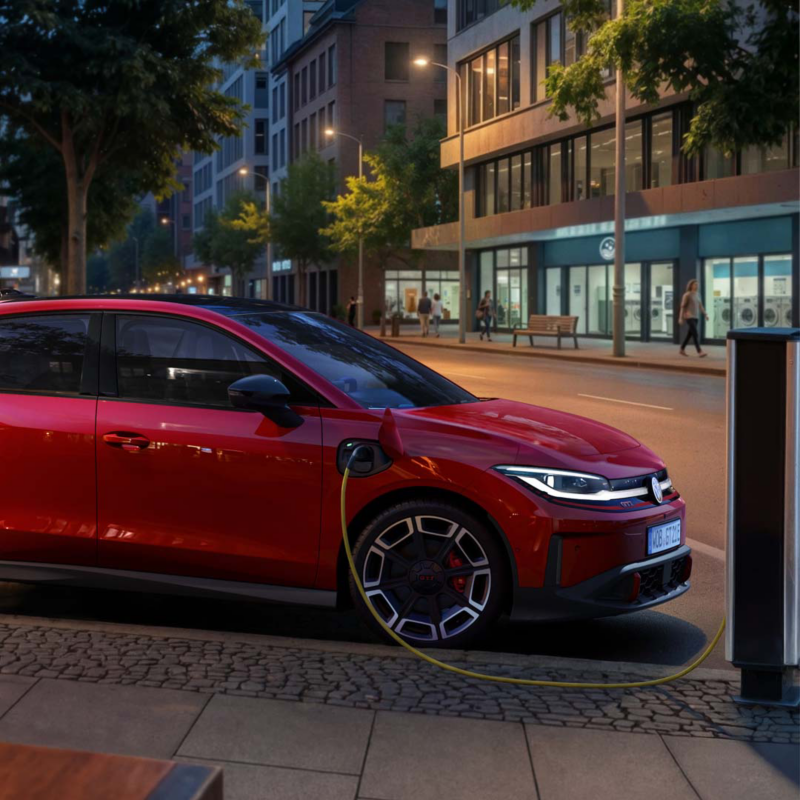 Un Volkswagen rojo enchufado a una estación de carga en la calle