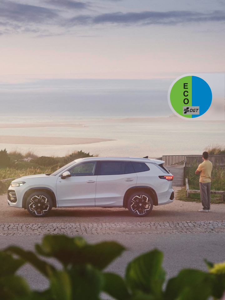 Un hombre al lado de un Volkswagen ECO de color blanco estacionado al lado de una playa