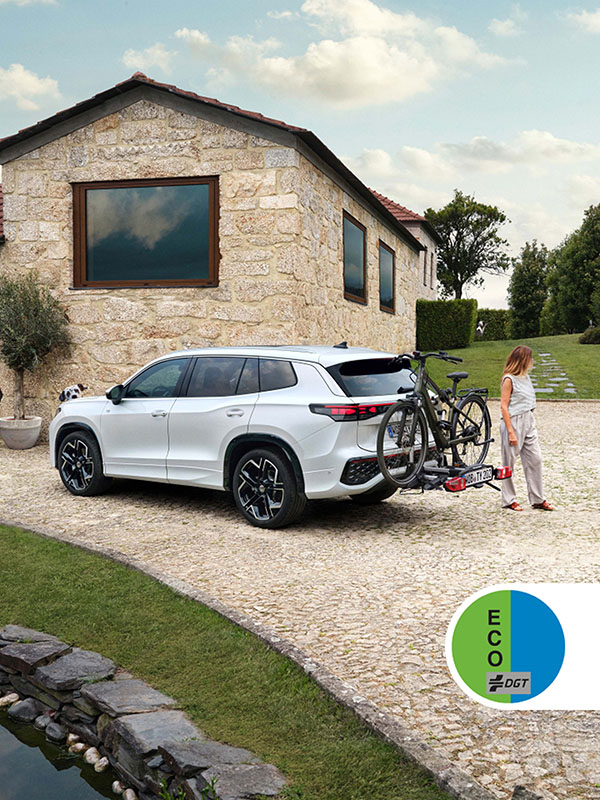 Una persona junto a un Volkswagen híbrido con un portabicicletas aparcado en casa