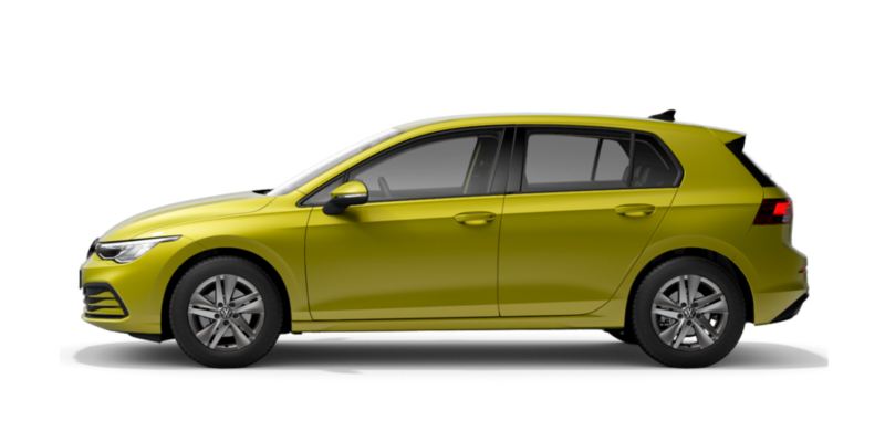 Volkswagen Golf amarillo lima visto de costado sobre fondo blanco