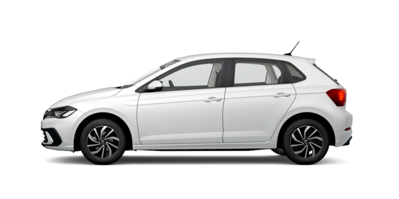 Volkswagen Polo blanco visto de costado sobre fondo blanco