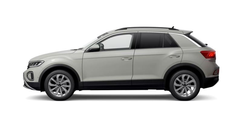 Volkswagen T-Roc gris visto de costado sobre fondo blanco