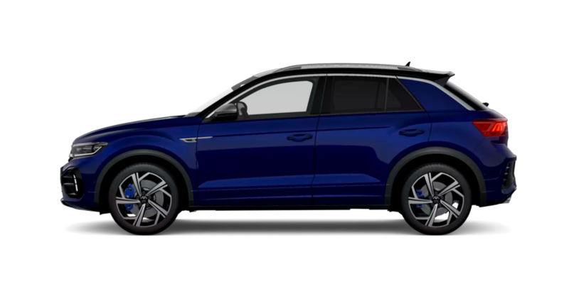 Vista lateral izquiera de un T-Roc R azul sobre fondo neutro de color blanco