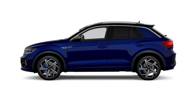 Vista lateral izquiera de un T-Roc R azul sobre fondo neutro de color blanco