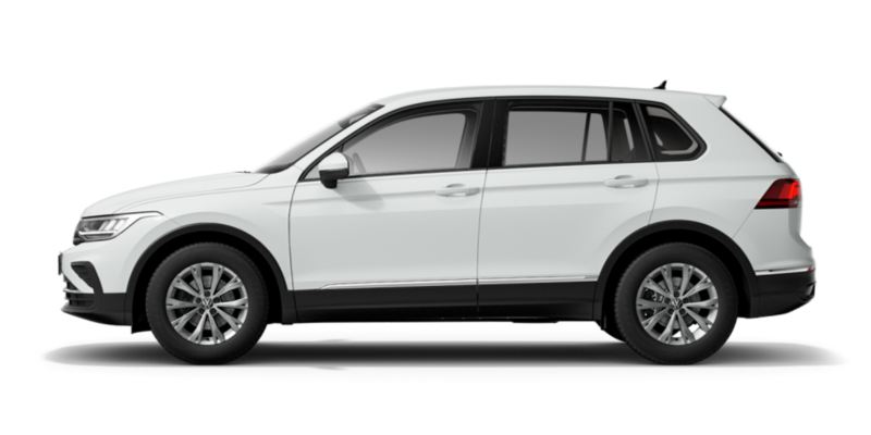 Volkswagen Tiguan blanco visto de costado sobre fondo blanco