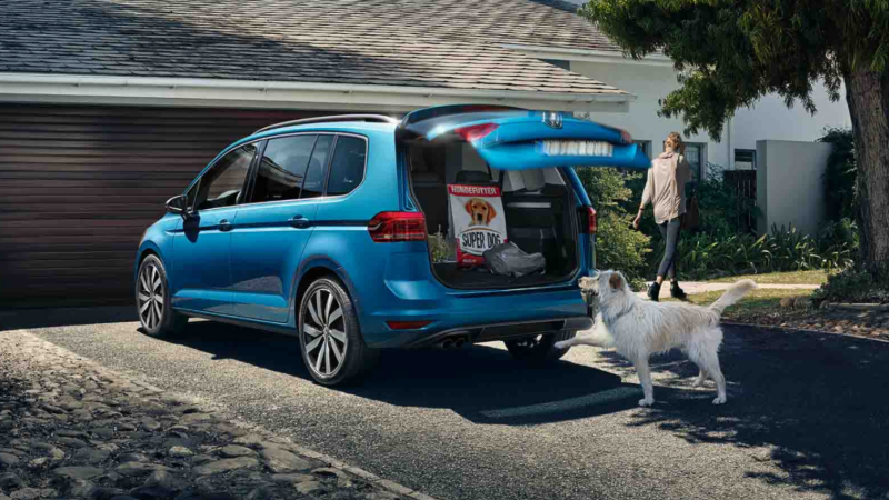 Un Volkswagen Touran de color azul estacionado fuera de una casa con un perro