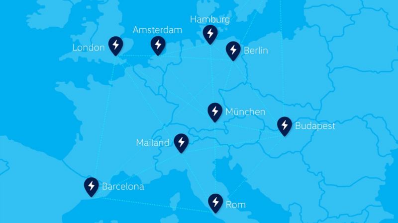 Mapa de Europa con las conexiones de puntos de electrolineras