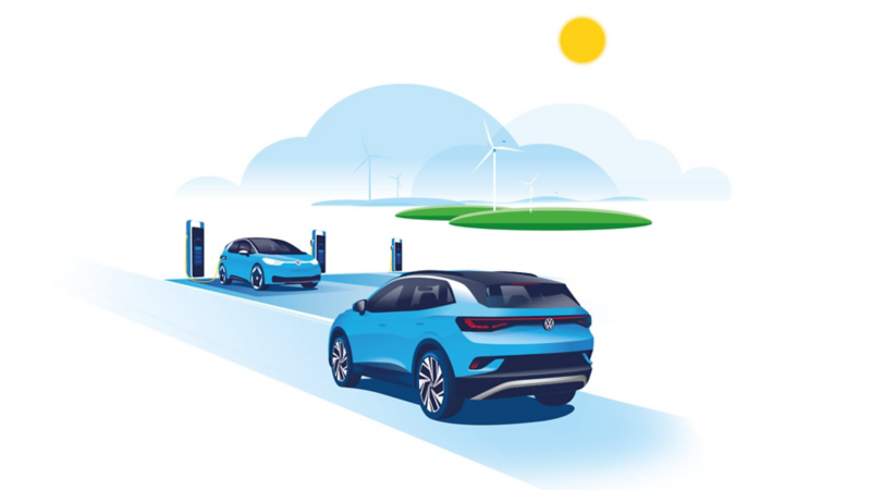 Ilustración de dos Volkswagen ID, y estaciones de carga en la autopista