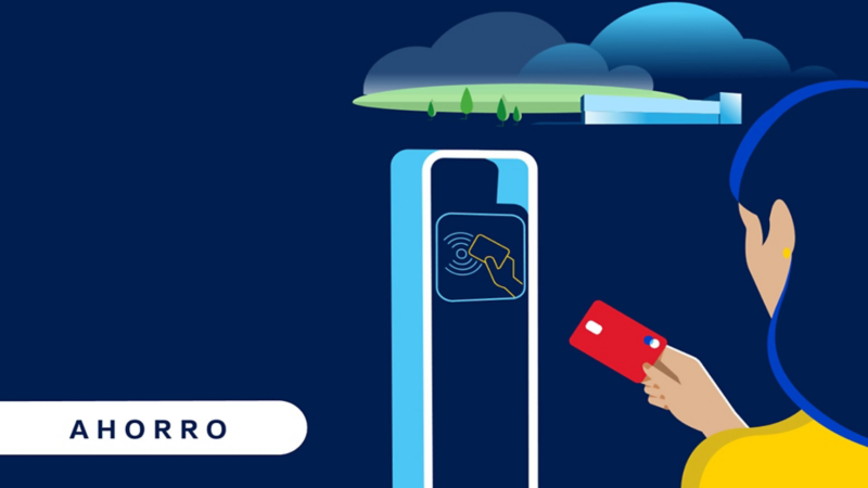 Dibujo de una chica pasando una tarjeta con la palabra Ahorro