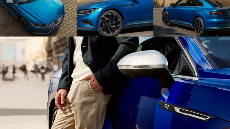 Collage de fotos Volkswagen Arteon azul, torso de hombre apoyado en el coche