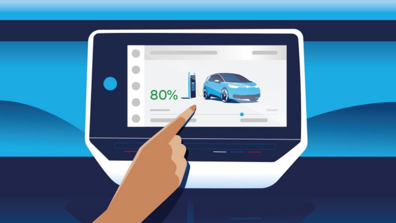 Ilustración en azul de una pantalla indicando el porcentaje de carga de un coche eléctrico