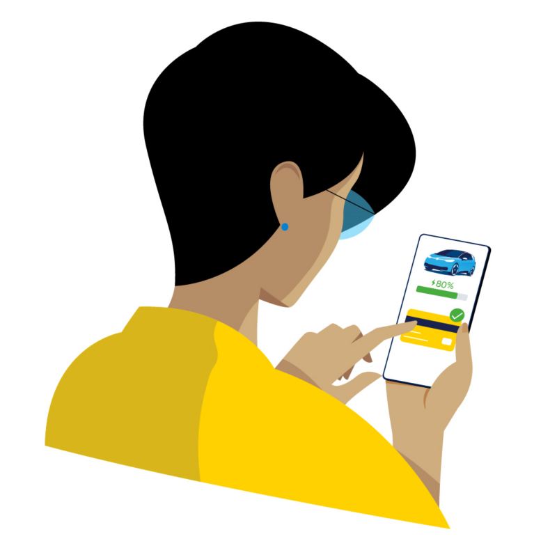 Ilustración de una mujer mirando la aplicación de gestión de carga en el móvil