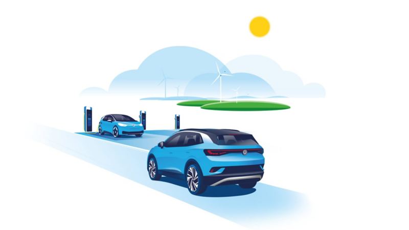 Ilustración de Volkswagen ID. en estaciones de carga y aerogeneradores