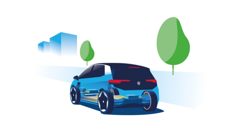 Ilustración en azul de un coche eléctrico de Volkswagen