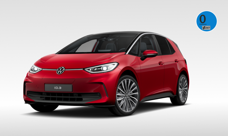 Un Volkswagen ID3 de color rojo vista tres cuartos