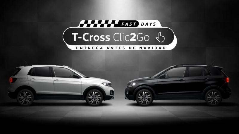 Un T-cross blanco y un T-cross negro uno frente al otro, sobre ellos el logo de la promoción “Fast Days T-cross clic to go, entrega antes de navidad”
