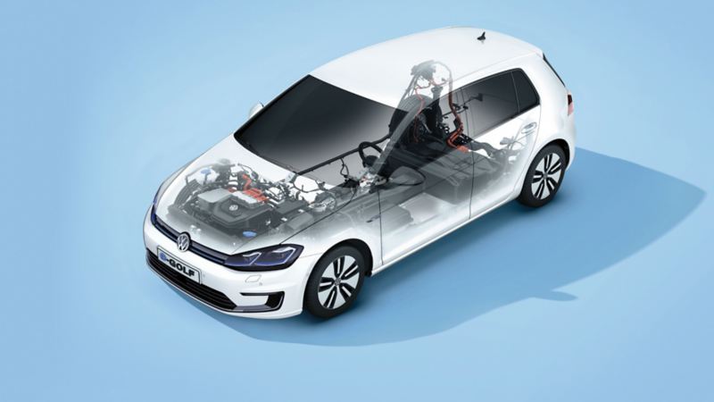 Ilustración del motor eléctrico de un Volkswagen e-Golf blanco