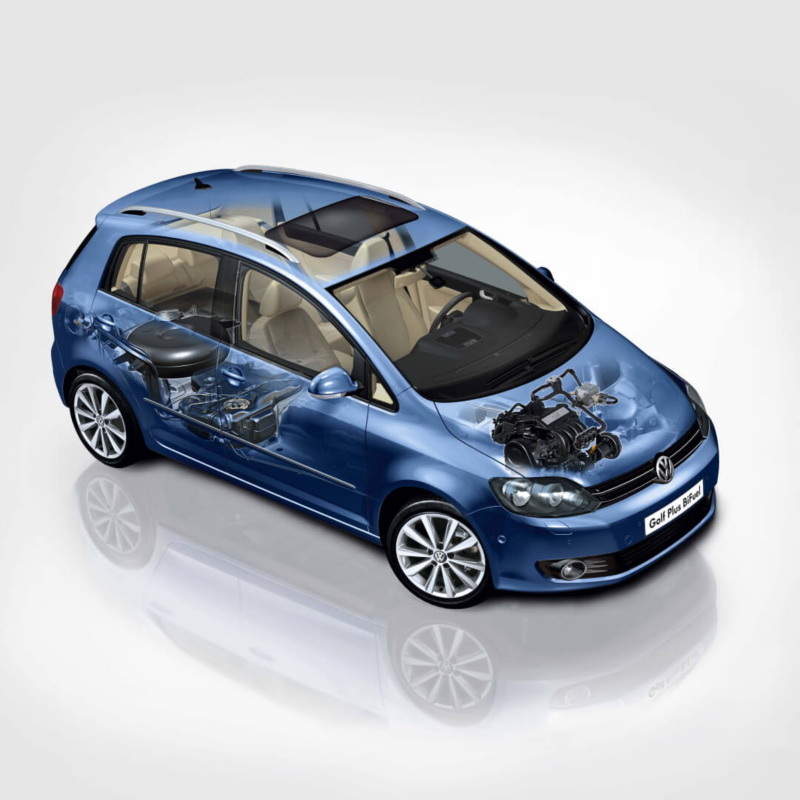 Ilustración del funcionamiento interior de un Volkswagen Golf Bifuel