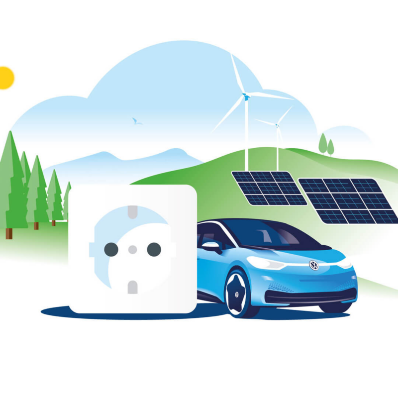 Ilustración de un coche Volkswagen ID. con energías renovables de fondo.