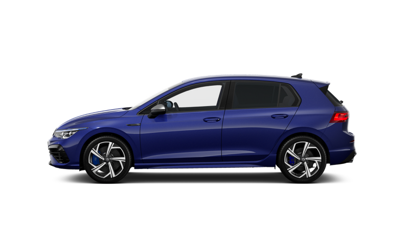 Un Volkswagen Golf R de color azul oscuro vista lateral