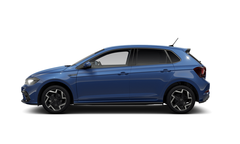 Vista lateral Volkswagen Polo R-Line azul en un fondo blanco