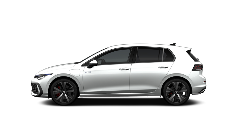 Un Volkswagen Golf GTE de color blanco vista lateral