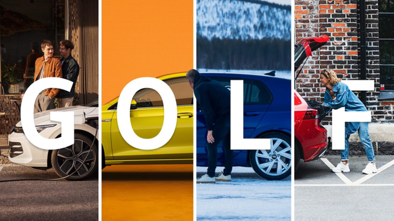Un Volkswagen Golf en diferentes escenas junto logo Golf