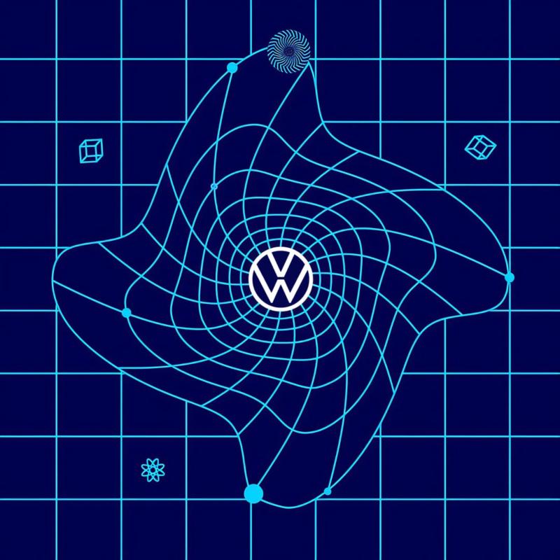 Trama de líneas celestes sobre fondo azul con el logo de Volkswagen en el centro