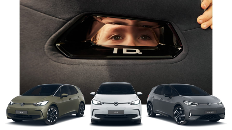 Montaje con un primer plano de un asiento de un ID a través del cual mira una niñez. Debajo hay tres ID.3 e ID.3 GTX aparcados de frente con un fondo blanco 