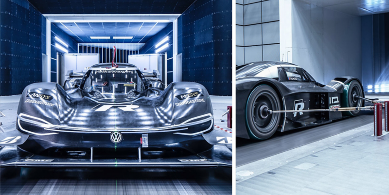 Composición de una vista frontal y otra lateral del Volkswagen ID.R en el túnel de viento