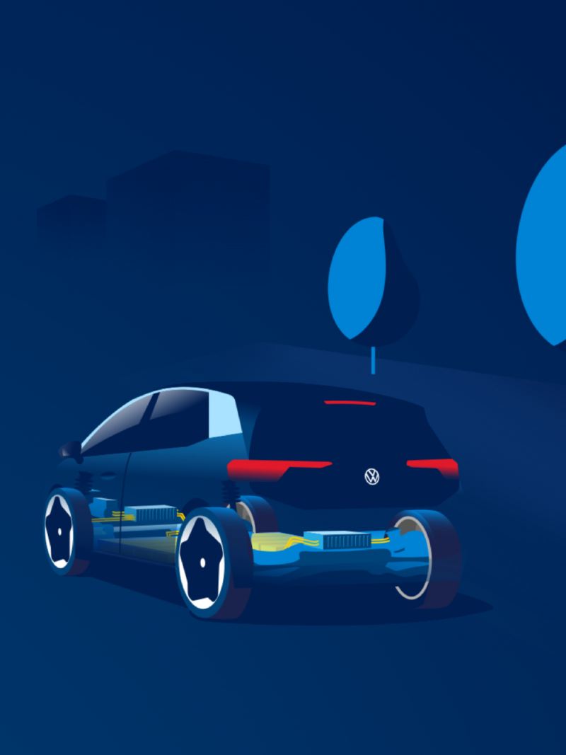 Ilustración en azul de un coche eléctrico de Volkswagen visto desde atrás