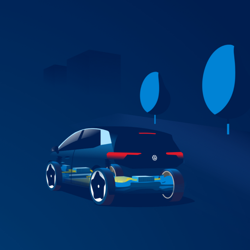 Ilustración en azul de un coche eléctrico de Volkswagen visto desde atrás