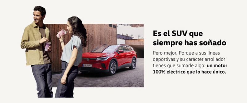 Dos personas delante de un Volkswagen ID.4 rojo visto de frente y un texto de introducción