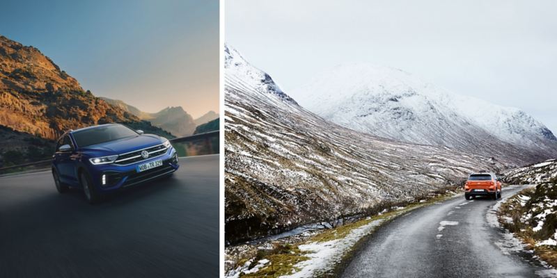 Composición de imágenes, Volkswagen Tiguan azul y uno naranja circulando por carreteras de montaña